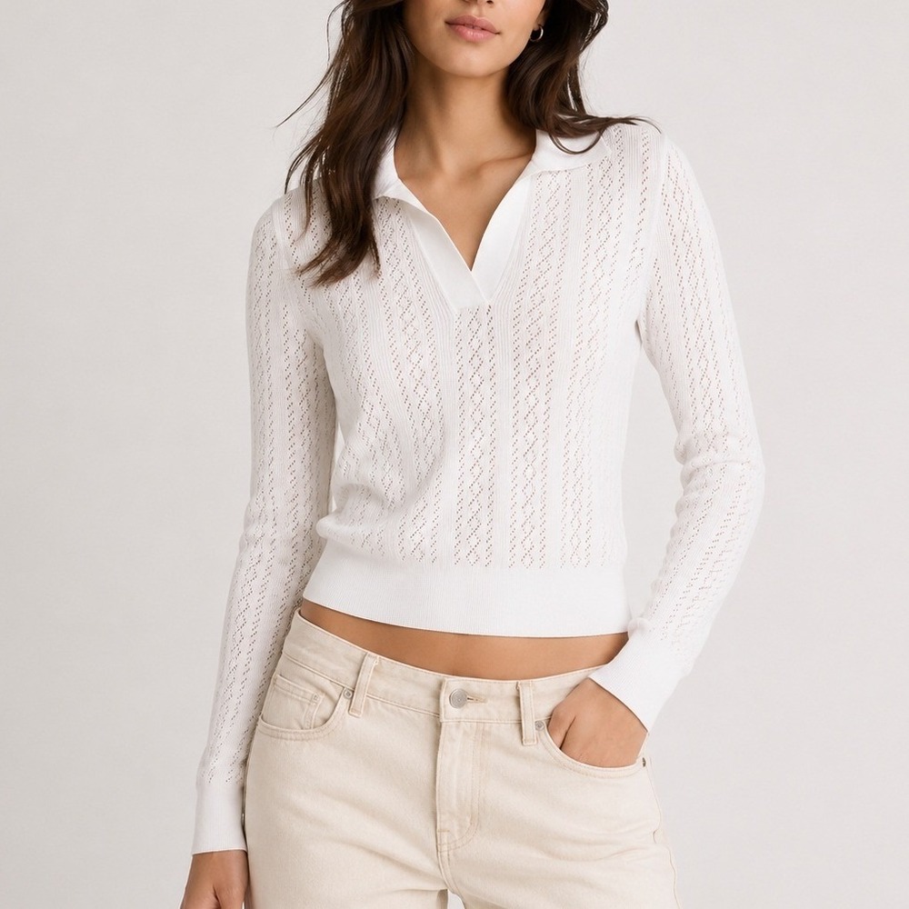 Madewell Pointelle Stitch Polo Sweater Summer Knit‎ Cropped White NZ653 XL New